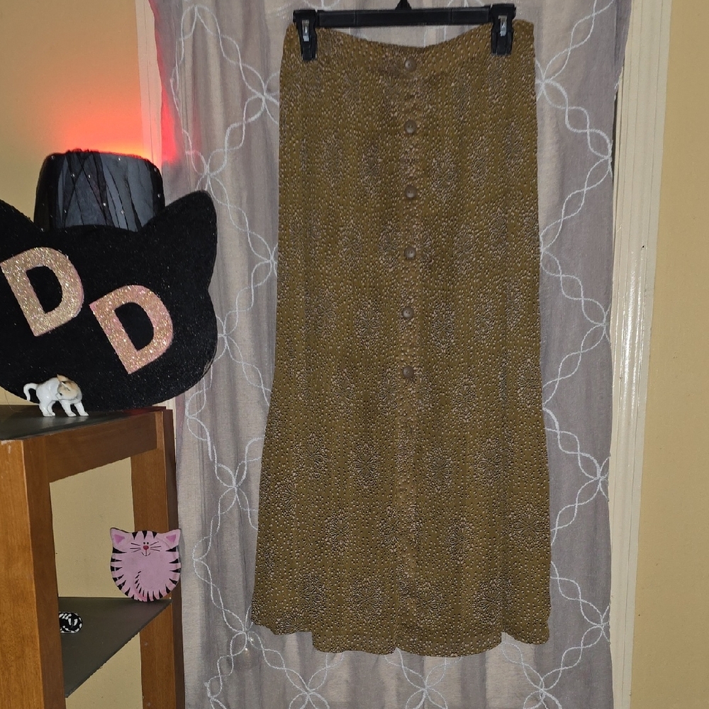 NWOT DR2 Button-Front Lined Maxi Skirt in Brown Pattern Print